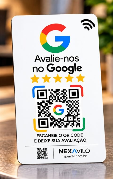 Cartão Nexavilo branco com QR Code e NFC: Avalie-nos no Google